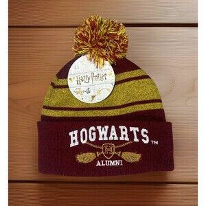 Harry Potter Beanie Hogwarts Alumni Striped Pom Pom Hat Burgundy One Size NWT